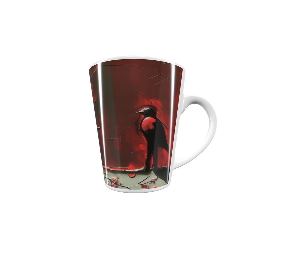 „Latte-Tasse konisch mit minimalistischem Kunstmotiv, schwarzer Vogel vor rotem Hintergrund in kraftvollem Stil“
