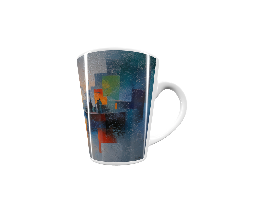 „Latte-Tasse konisch mit abstraktem Kunstmotiv, Figuren auf Booten in geometrisch-farbiger Landschaft bei Sonnenlicht“