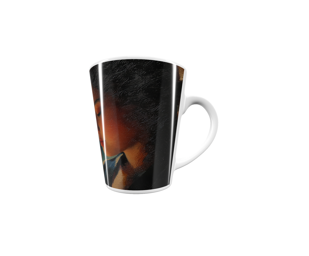 „Latte-Tasse konisch mit Kunstmotiv: Porträt einer Frau mit geschlossenen Augen, abstrakte Figuren und Farbfelder im Hintergrund“