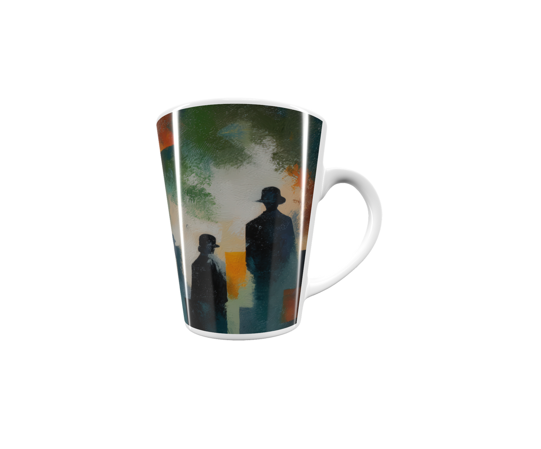 „Latte-Tasse konisch mit Kunstmotiv: Porträt einer Frau mit blauen Augen, schemenhafte Figuren im Hintergrund“