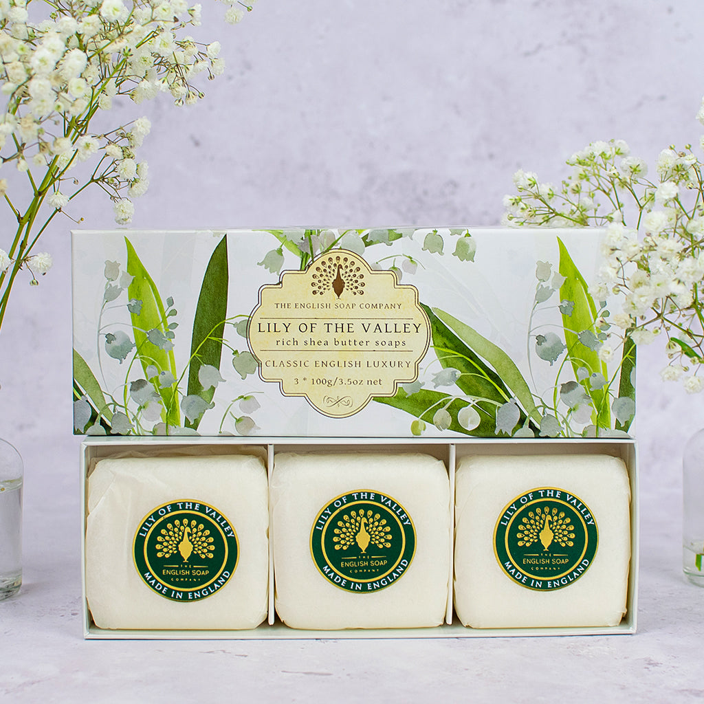 „Geschenkverpackung mit drei Seifenstücken der Sorte ‘Lily of the Valley’ in weiß-grüner Box mit floralem Design, aufrecht stehend, dekoriert mit Schleierkraut.“