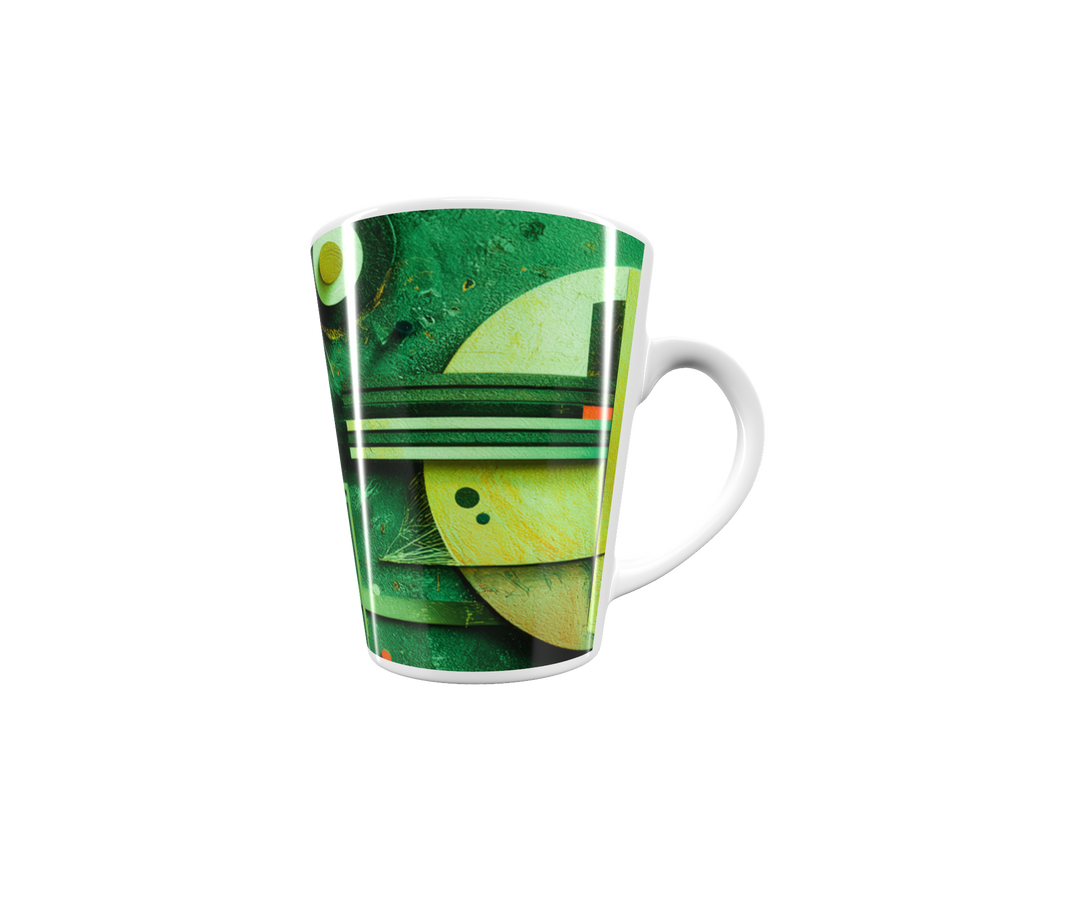 „Latte-Tasse konisch mit abstraktem Motiv in Gelb-Blau-Violett, Kandinsky-inspiriert im Bauhaus-Stil“
