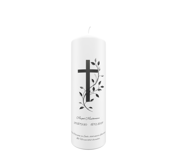 Trauerkerze mit Kreuz und Ranke – Klassisch und persönlich gestaltet