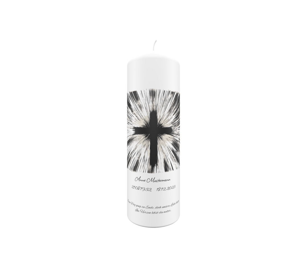 Trauerkerze mit Lichtstrahl-Kreuz – kraftvoll, symbolisch & individuell