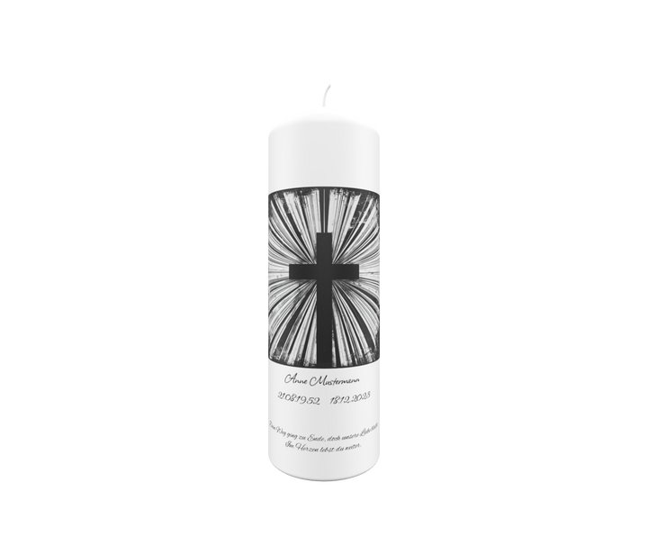 Trauerkerze mit Strahlenkreuz – modern, kraftvoll & personalisierbar