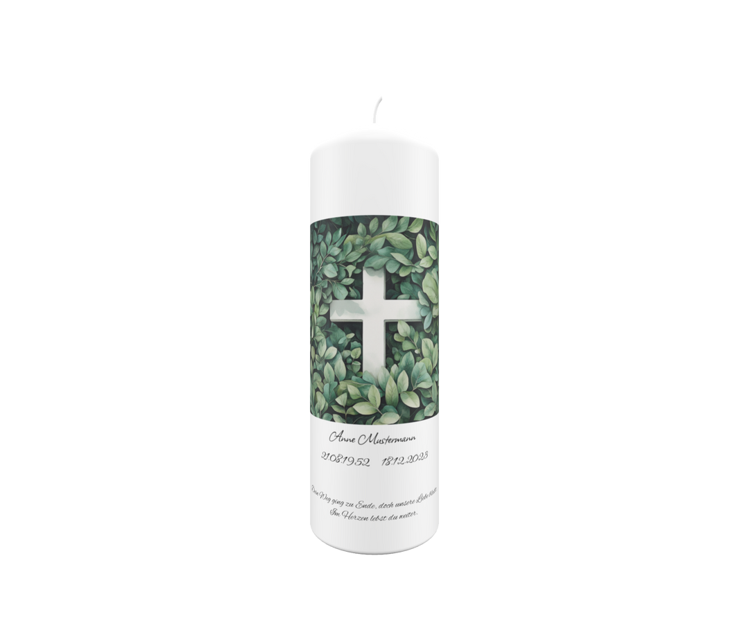 Trauerkerze mit Kreuz im Blätterrahmen – naturverbunden, sanft & personalisierbar