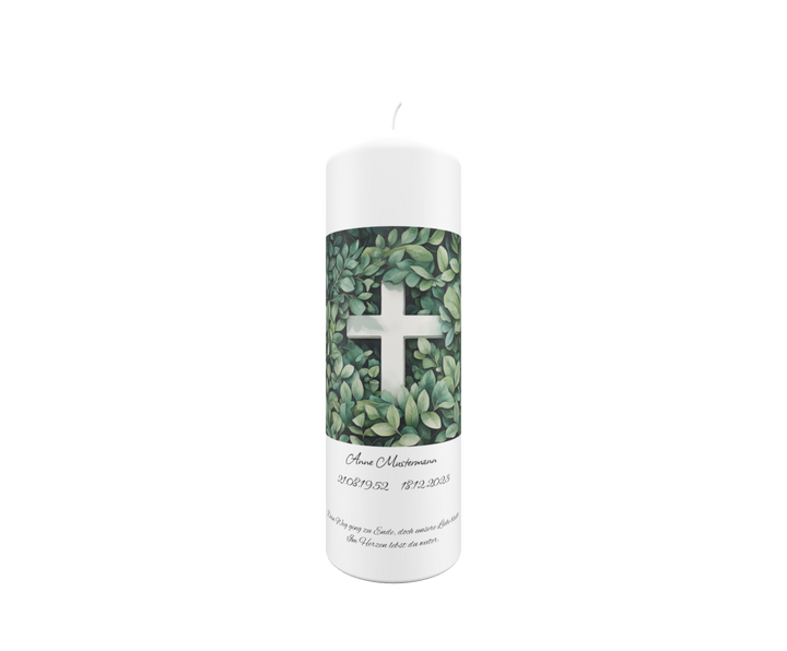 Trauerkerze mit Kreuz im Blätterrahmen – naturverbunden, sanft & personalisierbar