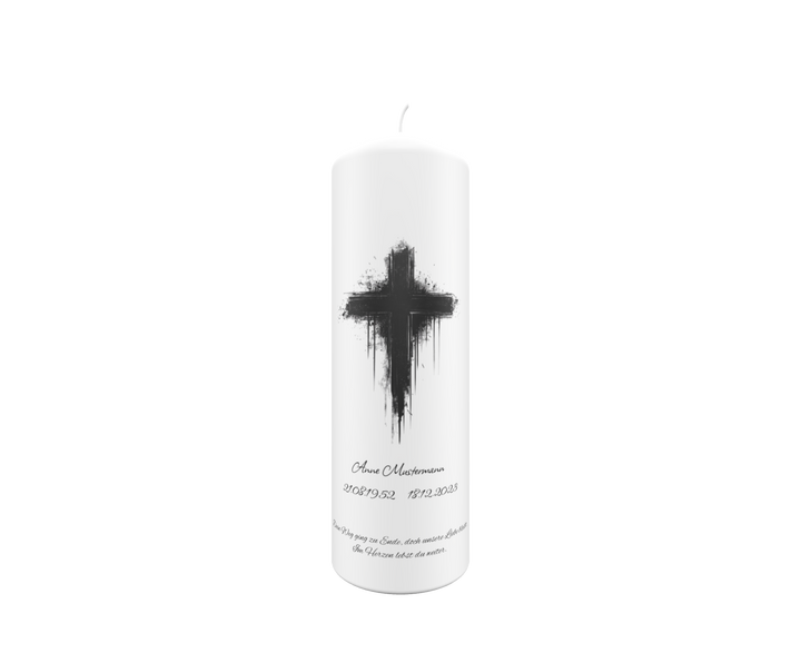 Trauerkerze mit verlaufendem Kreuz – expressiv, modern & individuell personalisierbar