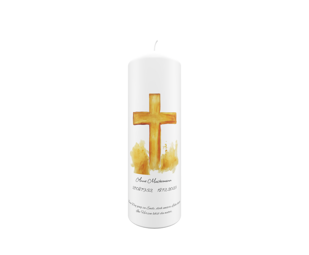 Trauerkerze mit Kreuz in Gold-Aquarell – lichtvoll, hoffnungsvoll & personalisierbar