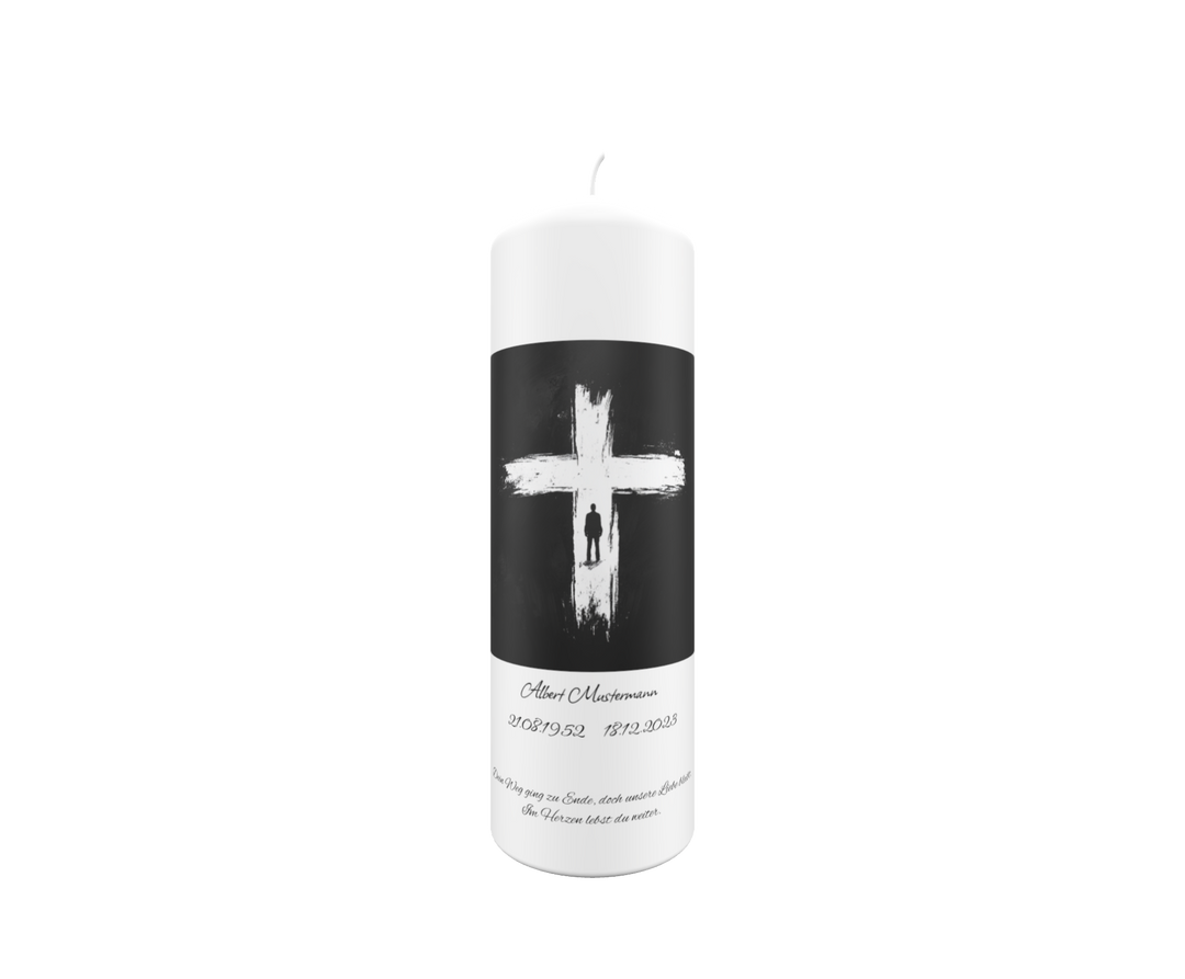 Trauerkerze mit Silhouettenkreuz auf Schwarz – kontrastreich, modern & persönlich