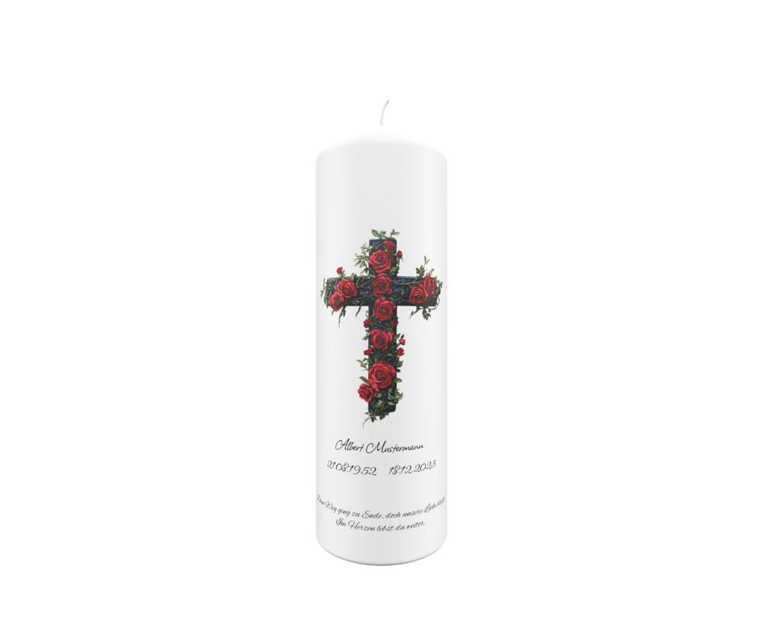Trauerkerze mit Kreuz aus Rosen & Holz – klassisch, sinnlich & personalisierbar