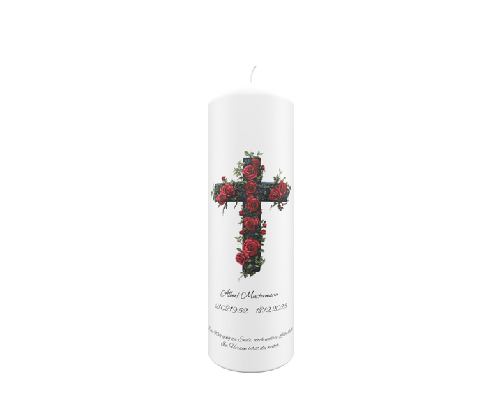 Trauerkerze mit Kreuz aus Rosen & Holz – klassisch, sinnlich & personalisierbar