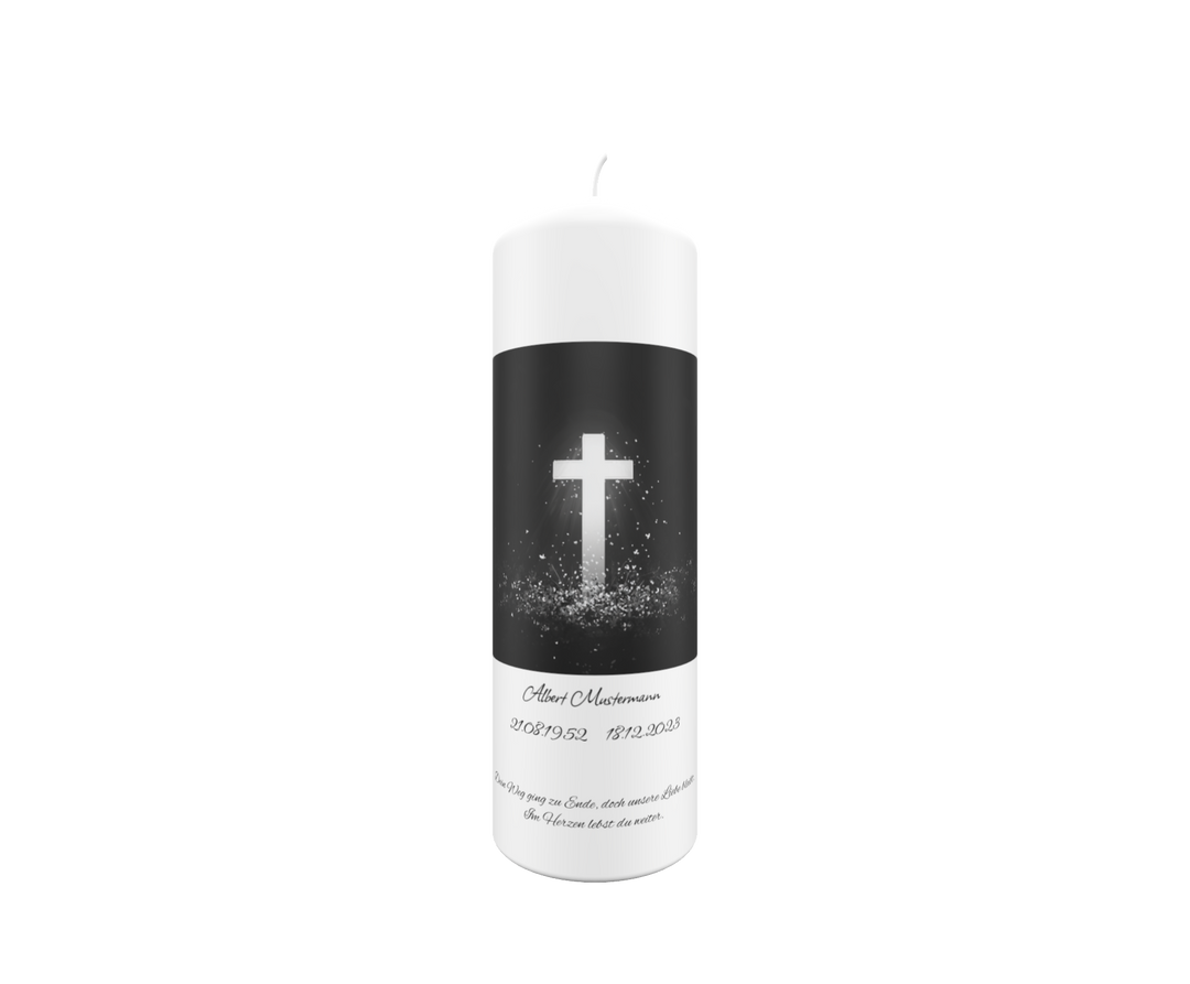Trauerkerze „Leuchtkreuz & Lichtfunken“ – modern, tröstlich & hoffnungsvoll