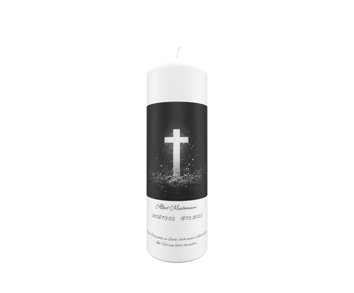 Trauerkerze „Leuchtkreuz & Lichtfunken“ – modern, tröstlich & hoffnungsvoll