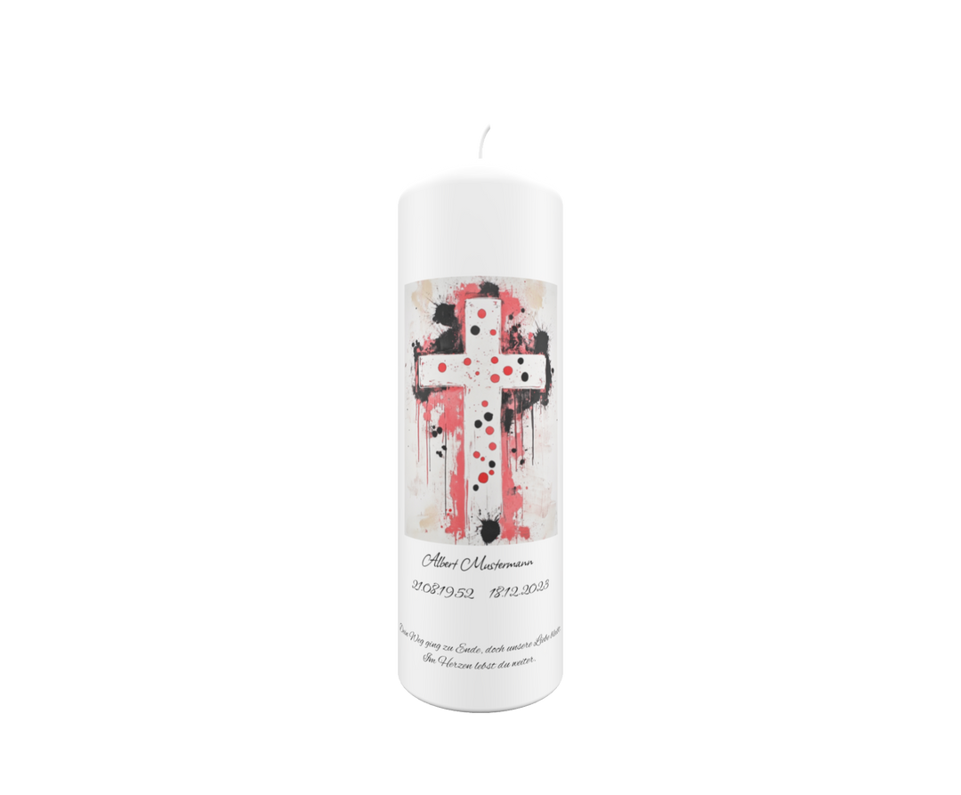 Trauerkerze „Kunstkreuz Rot & Schwarz“ – expressiv, einzigartig & emotional