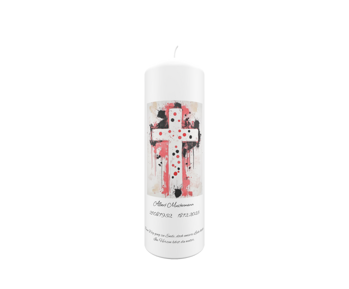 Trauerkerze „Kunstkreuz Rot & Schwarz“ – expressiv, einzigartig & emotional