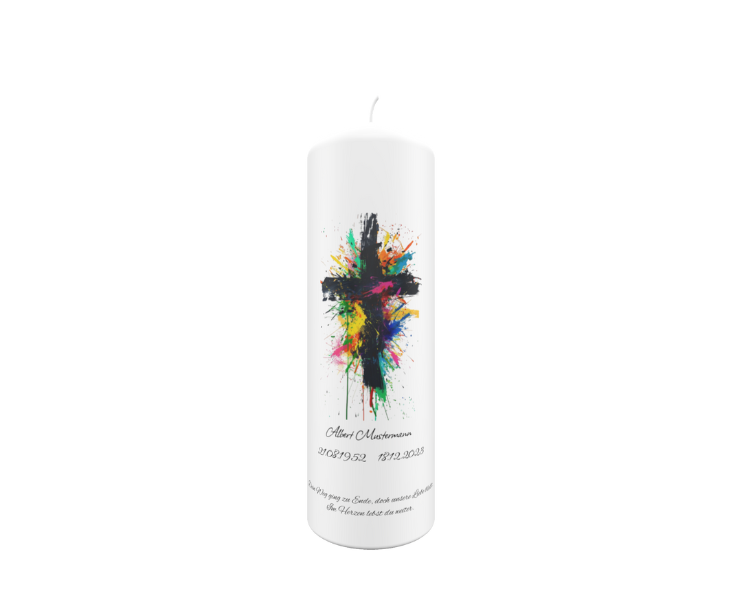 Trauerkerze „Buntes Kreuz“ – farbenfroh, ausdrucksstark & individuell