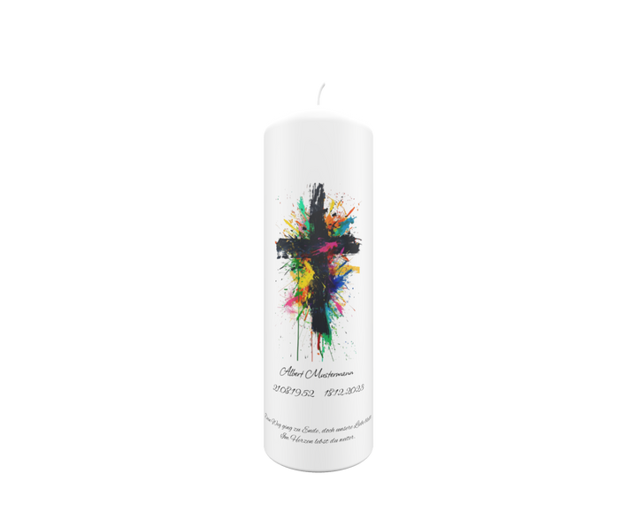 Trauerkerze „Buntes Kreuz“ – farbenfroh, ausdrucksstark & individuell