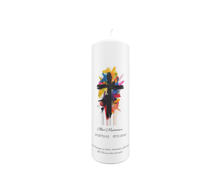 Trauerkerze „Kunstkreuz Farbfluss“ – kreativ, intensiv & lebensbejahend
