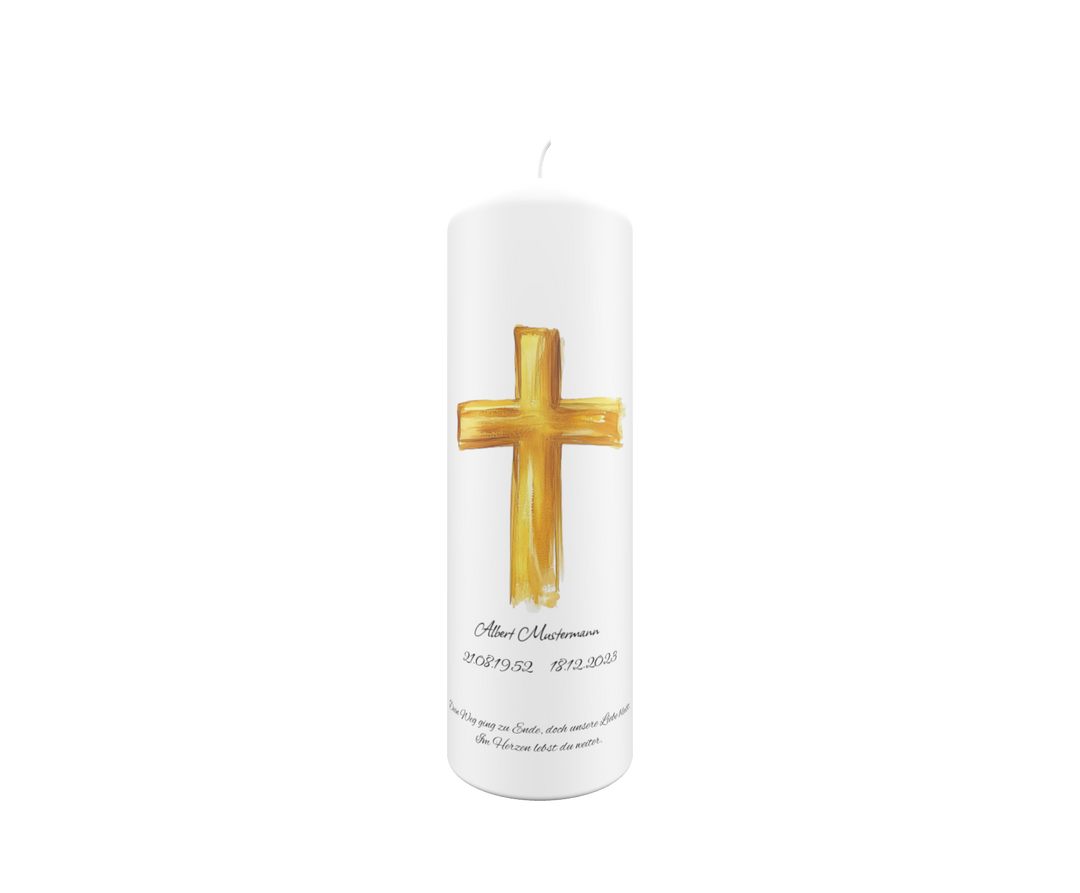 Trauerkerze „Goldenes Pinselkreuz“ – warm, ausdrucksstark & spirituell