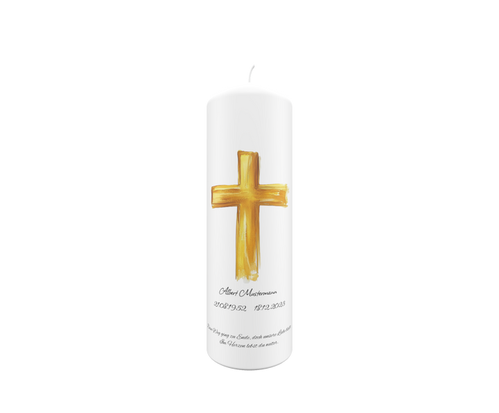Trauerkerze „Goldenes Pinselkreuz“ – warm, ausdrucksstark & spirituell