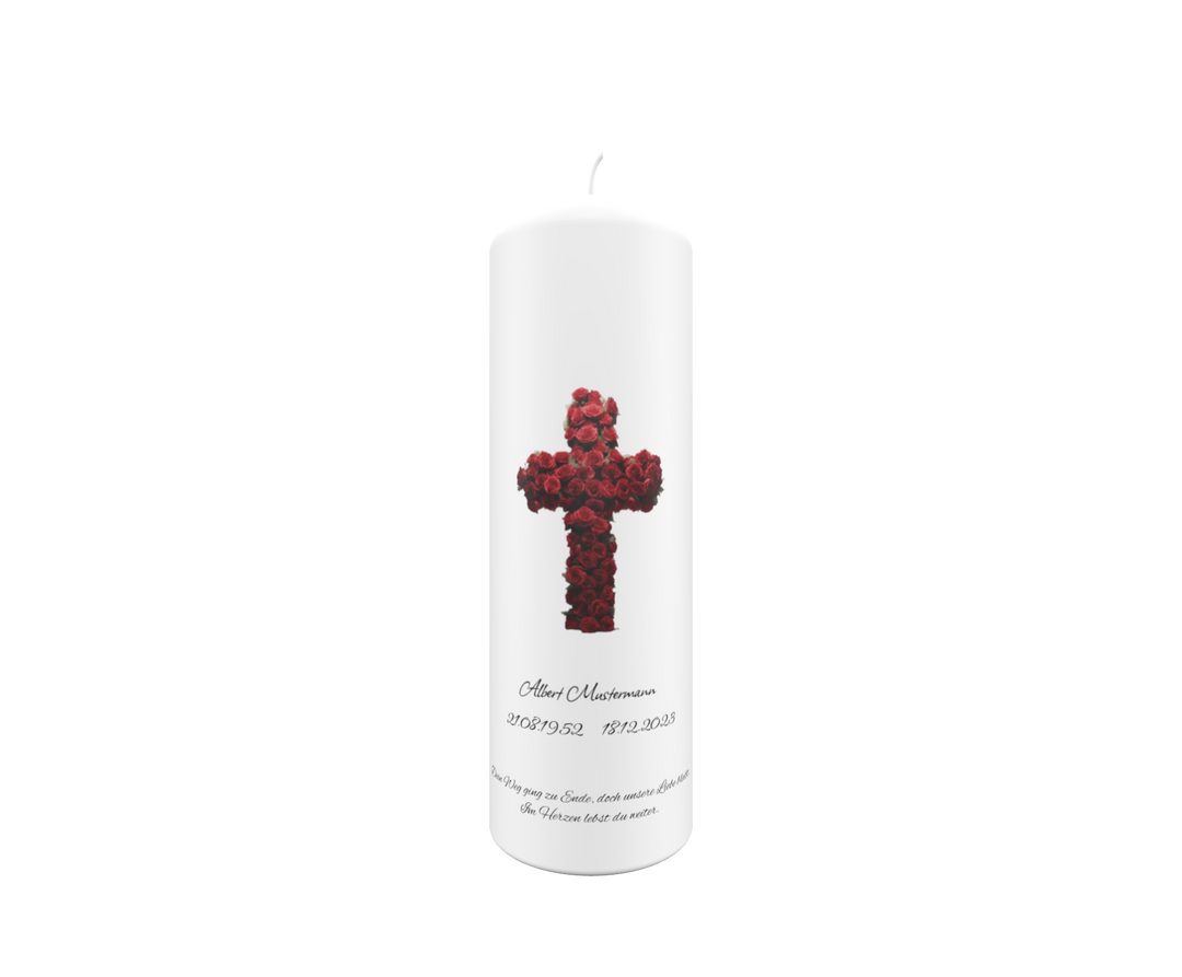 Trauerkerze „Rosenkreuz“ – romantisch, würdevoll & liebevoll gestaltet