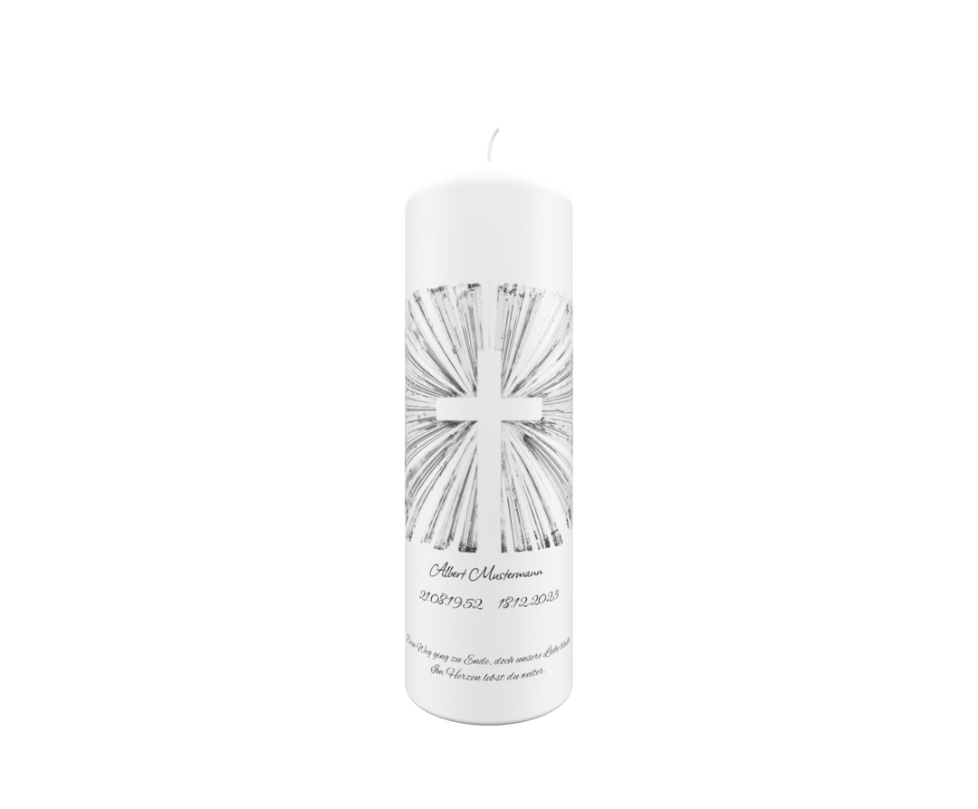Trauerkerze „Strahlenkreuz Weiß“ – lichtvoll, rein & himmlisch schön