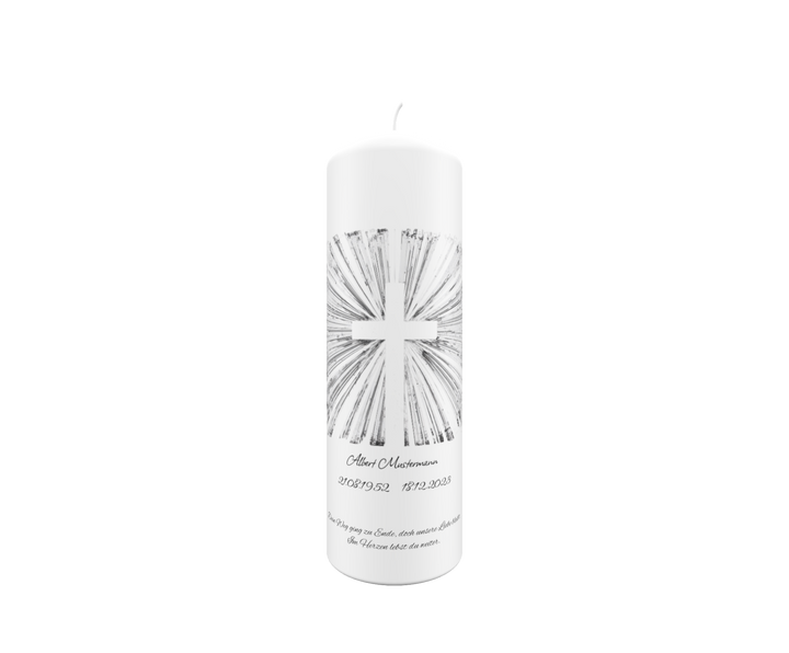 Trauerkerze „Strahlenkreuz Weiß“ – lichtvoll, rein & himmlisch schön