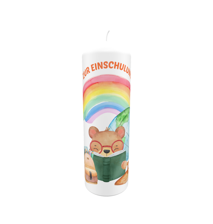 Einschulungskerze „Lesebär & Regenbogen“