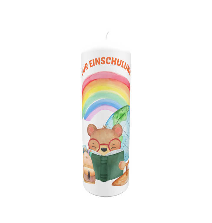 Einschulungskerze „Lesebär & Regenbogen“