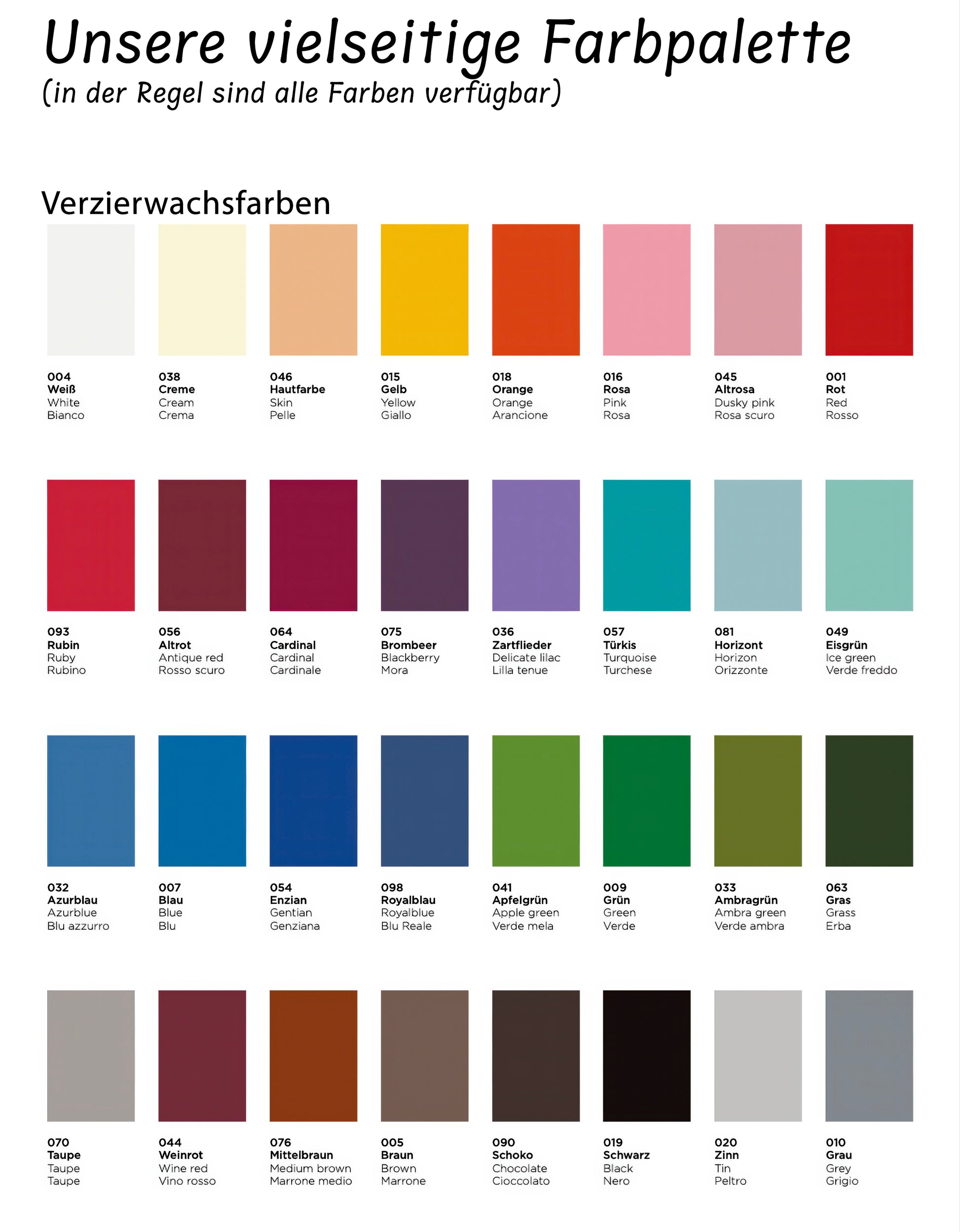 Farbpalette für Verzierwachsplatten mit 36 Farbfeldern und Farbnamen auf Deutsch und Italienisch, darunter Weiß, Gelb, Rot, Blau, Grün, Braun, Schwarz und Grau