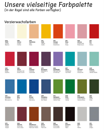 Farbpalette für Verzierwachsplatten mit 36 Farbfeldern und Farbnamen auf Deutsch und Italienisch, darunter Weiß, Gelb, Rot, Blau, Grün, Braun, Schwarz und Grau