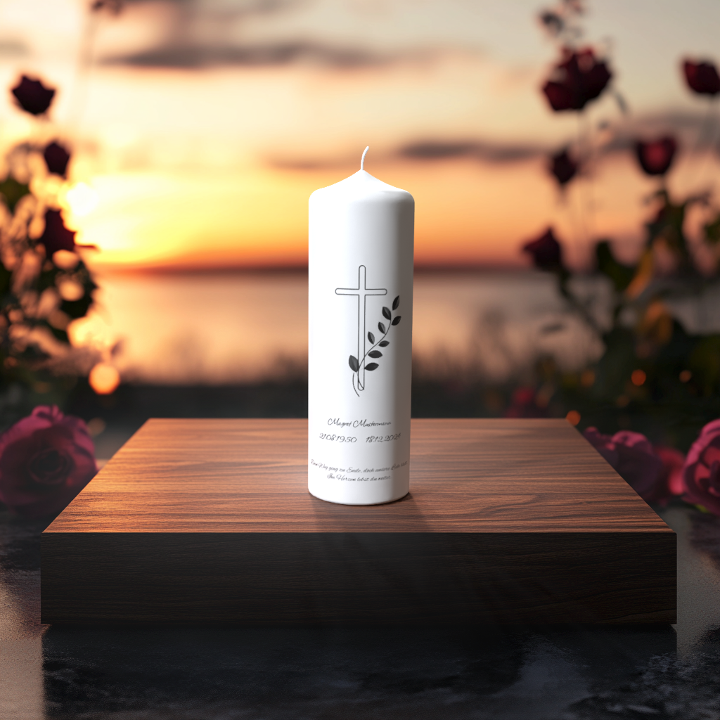 Weiße Trauerkerze mit feinem Kreuz und Olivenzweig-Motiv, auf Holzpodest vor Sonnenuntergang, Symbol für Frieden und Erinnerung.