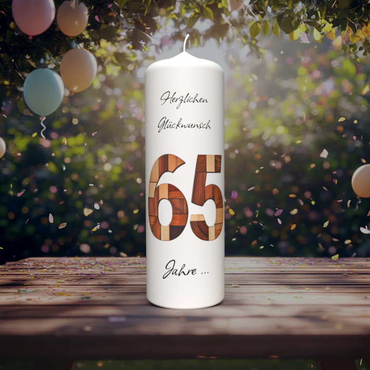 Jubiläumskerze „65 Jahre Natur“ – Edles Holzdesign & Personalisierung