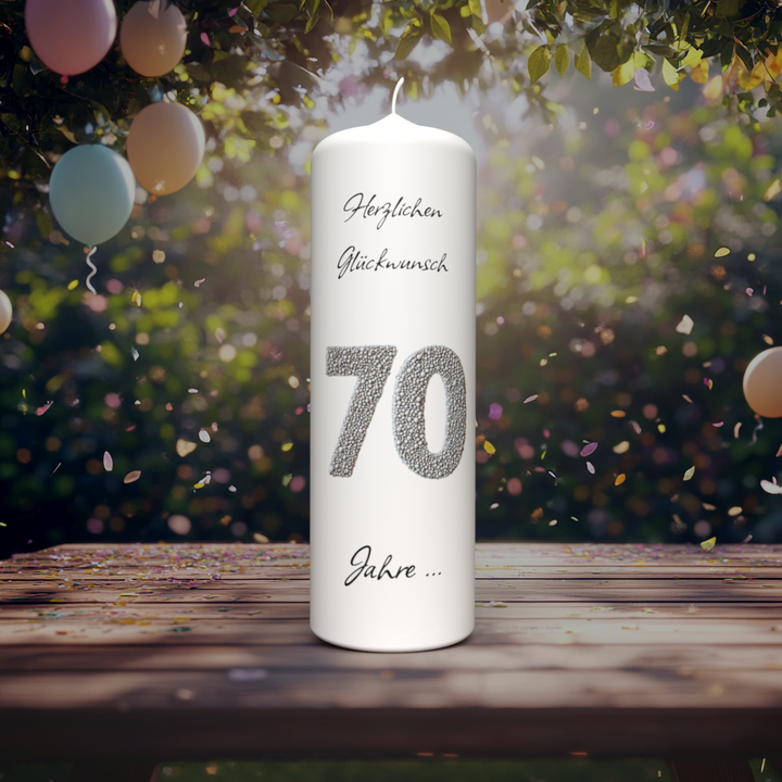 Jubiläumskerze „70 Jahre Glanzstück“ – Silber-Design & Personalisierung