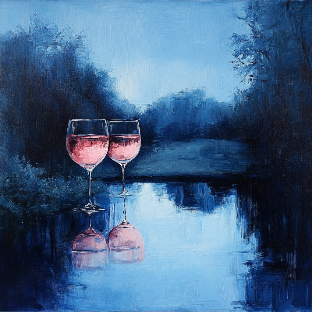 zwei weingläser spiegeln sich im wasser bei blauem abendlicht
