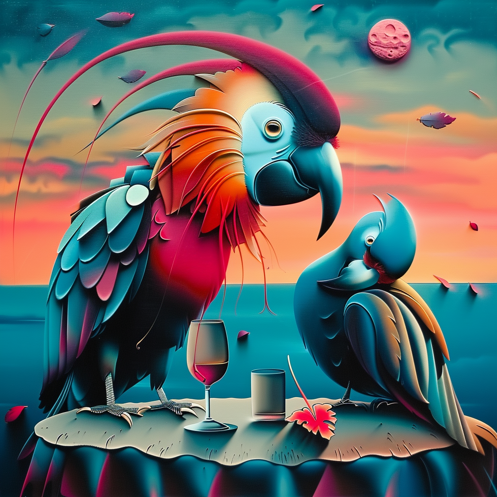 Stilisiertes Gemälde zweier bunter Papageien, die bei Sonnenuntergang auf einem Tisch mit Weingläsern sitzen – in warmen, surrealen Farben und verträumter Atmosphäre.
