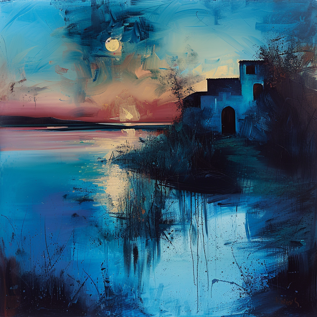 haus am ufer bei sonnenuntergang und mondlicht über dem wasser
