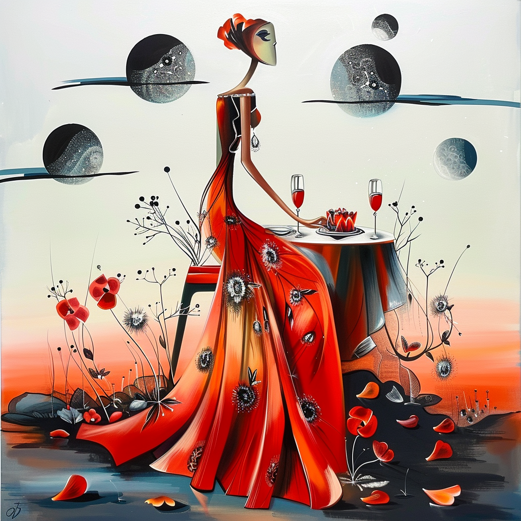 Stilisiertes Gemälde einer Frau in einem roten Kleid, die an einem Tisch mit zwei Gläsern sitzt – umgeben von surrealen Monden, Blüten und einer träumerischen Atmosphäre.
