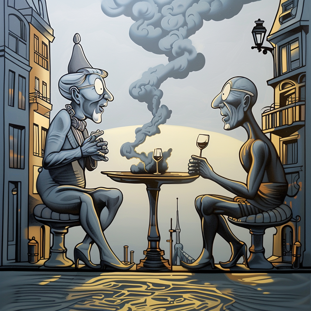 Zwei ältere Figuren sitzen mit Weingläsern an einem Tisch, umgeben von Rauch – surrealistische Szene in Stadtlandschaft.
