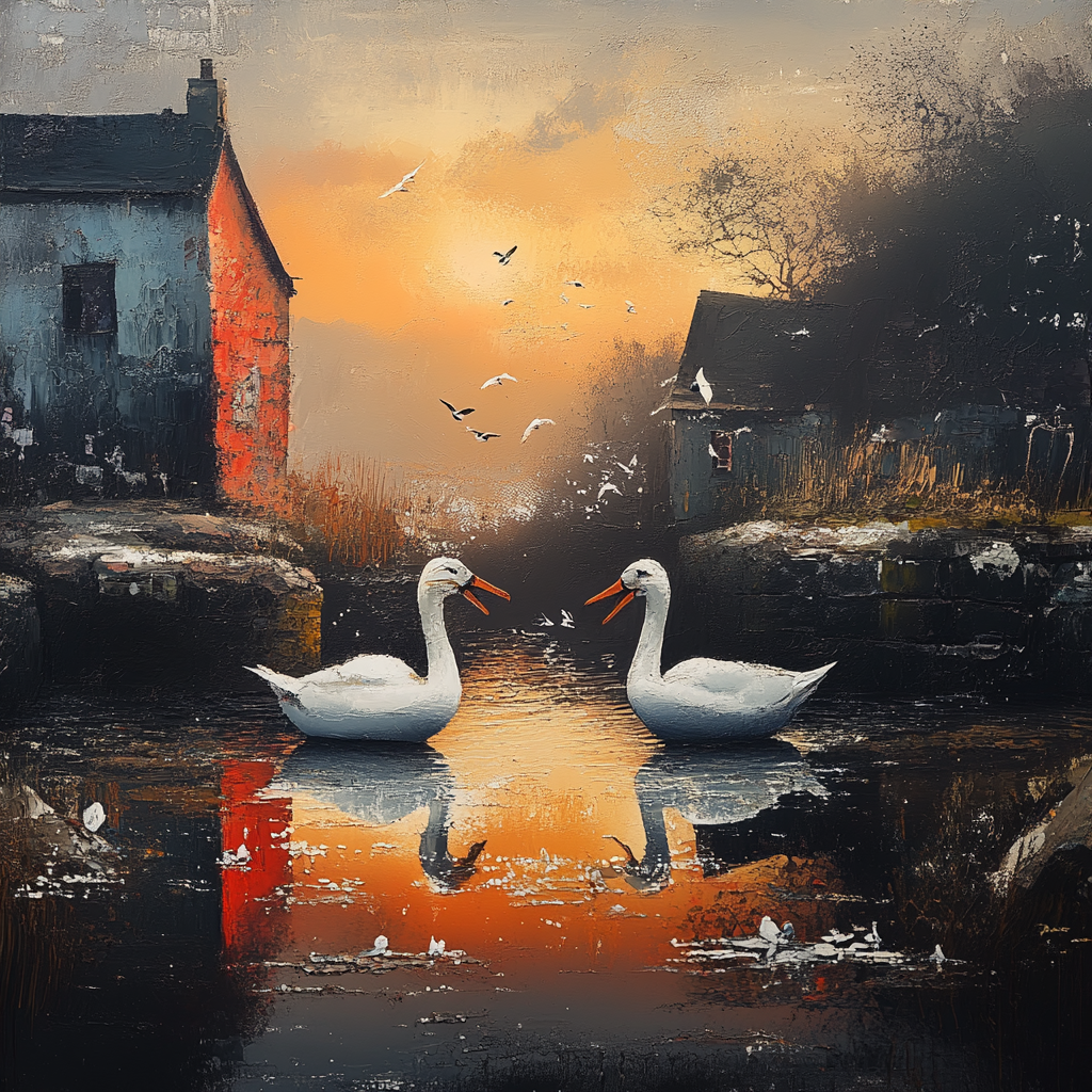 Zwei weiße Schwäne schwimmen einander zugewandt auf einem stillen Wasser, das das warme Licht des Sonnenuntergangs reflektiert. Alte Häuser und fliegende Vögel rahmen die Szene.
