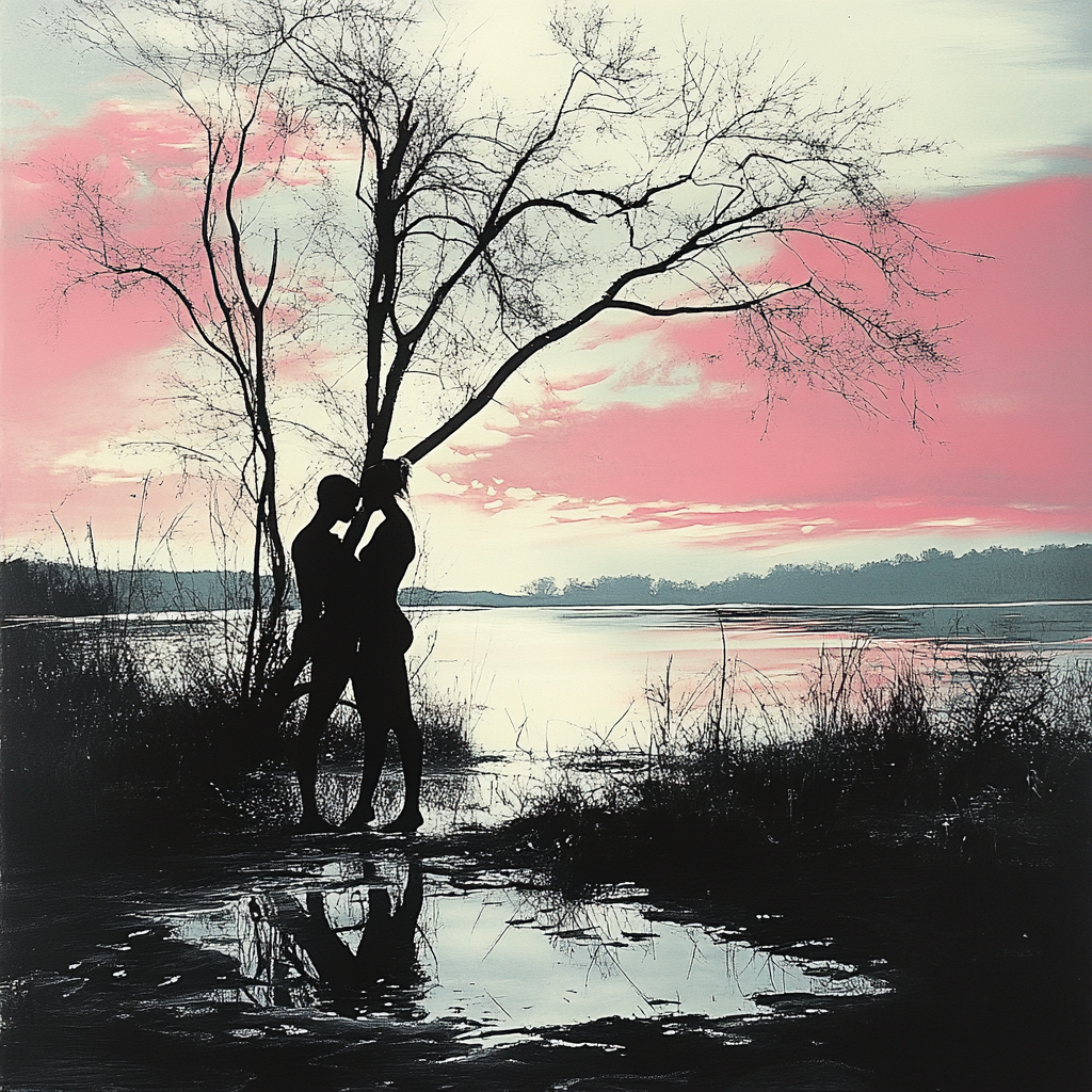 Zwei Silhouetten stehen eng umschlungen am Ufer eines Sees. Im Hintergrund färbt ein rosa Abendhimmel das Wasser, während ein kahler Baum die Szene rahmt.
