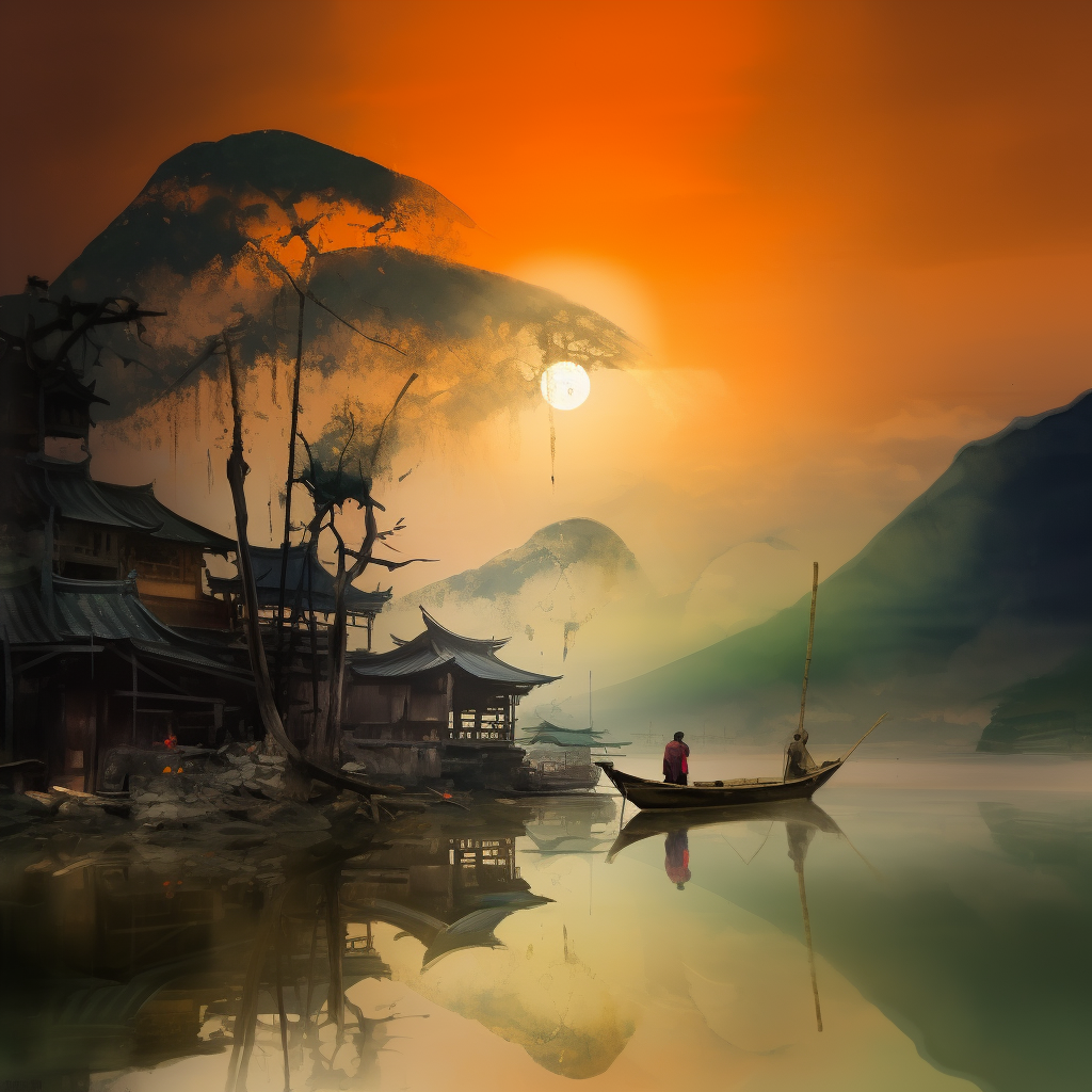 Atmosphärische Landschaft mit Boot, See und Bergen im Abendlicht – warme Farben, sanfte Spiegelung und meditative Ruhe.
