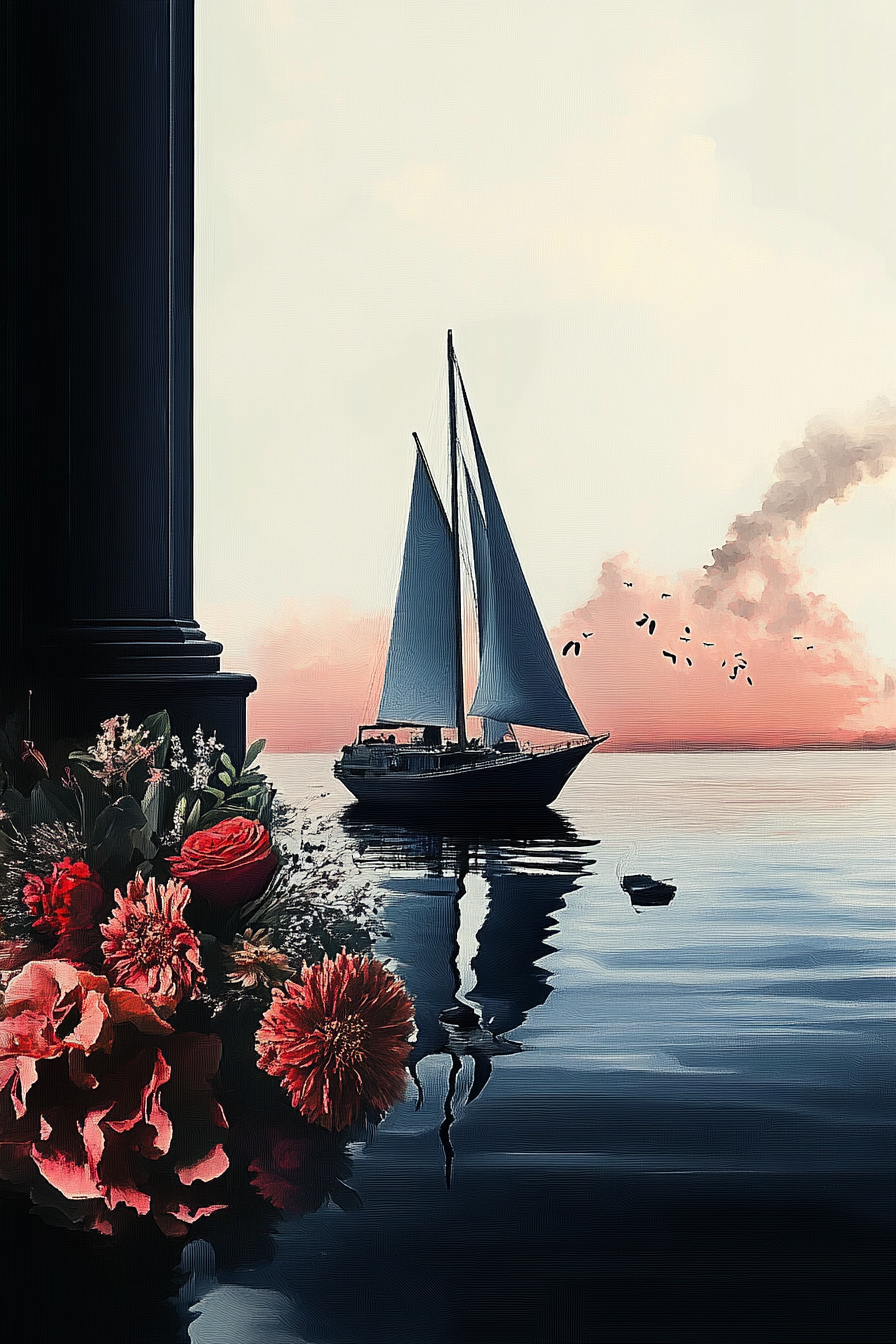 Segelboot bei Sonnenuntergang auf ruhigem Wasser mit roten Blumen im Vordergrund, friedlich und poetisch.
