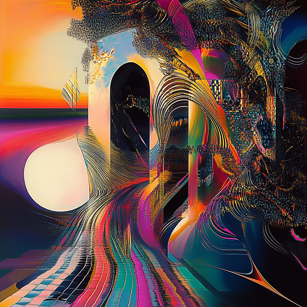 Abstrakte digitale Kunst mit farbintensiven Bögen, fließenden Linien und leuchtendem Sonnenuntergang – modernes Werk voller Dynamik.
