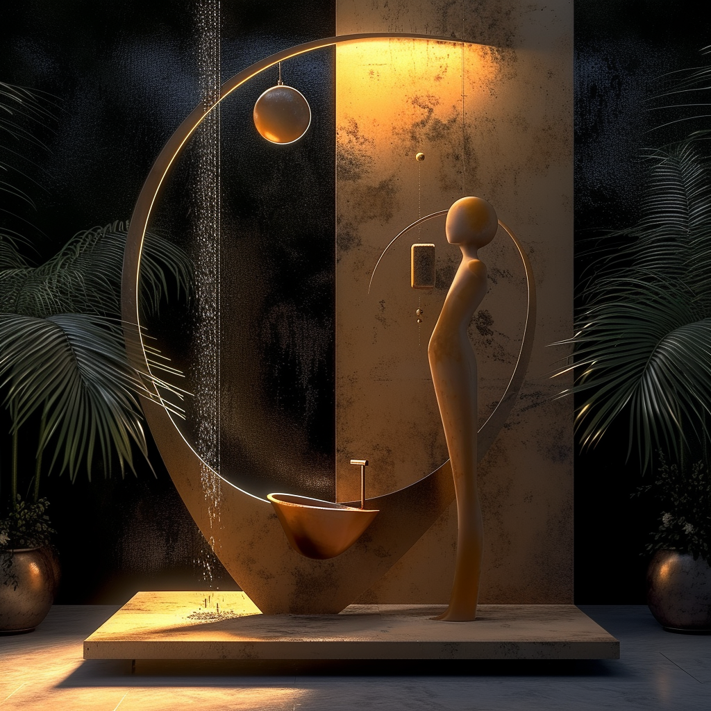 Abstrakte Figur steht in einem goldenen Lichtkreis unter einer schwebenden Kugel – minimalistische digitale Kunst mit spirituellem Charakter.
