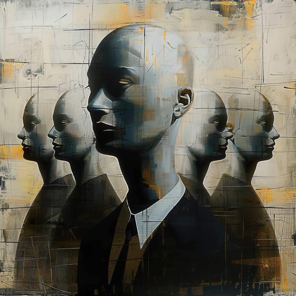 Reihe abstrahierter Figurenköpfe vor strukturiertem Hintergrund.
