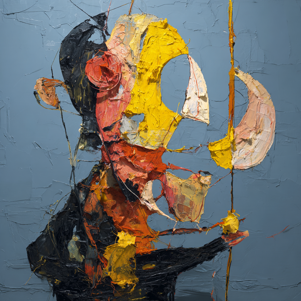 Abstrakte, pastose Figur aus kräftigen Farbfragmenten vor blauem Hintergrund.
