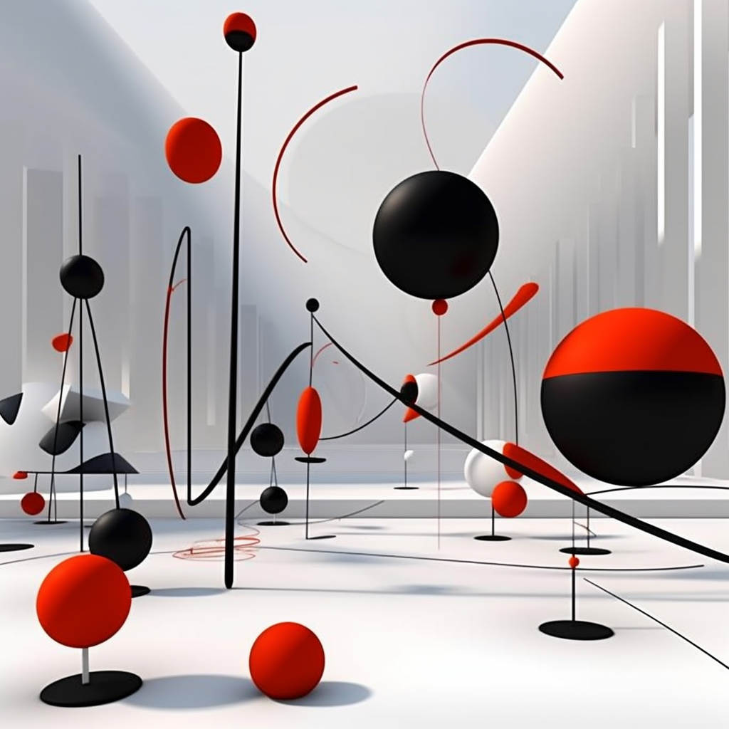 Abstrakte geometrische Komposition aus roten, schwarzen und weißen Kugeln in modernem Raum
