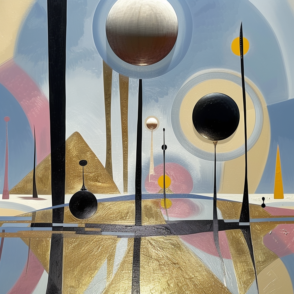 Abstrakte Komposition mit geometrischen Formen, Kugeln und Goldakzenten – moderne Darstellung von Raum und Balance.
